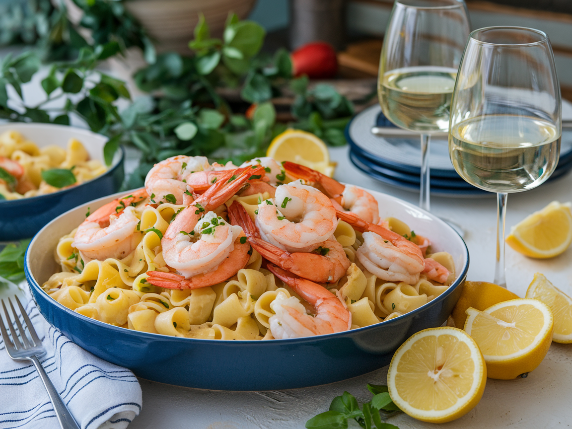 Family-style serving of lemon garlic shrimp pasta with fresh lemon wedges and wine glasses beside the plated dish