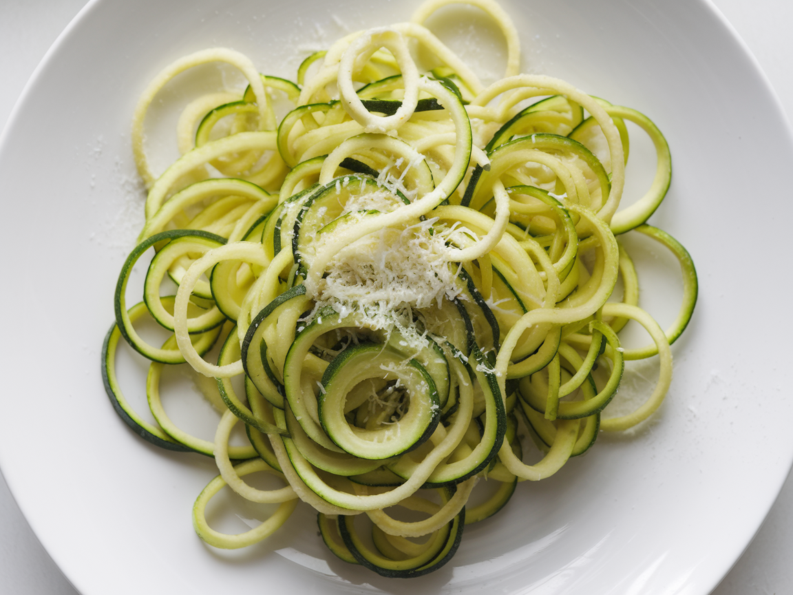 Fresh spiralized zucchini noodles piled on a white plate with bright green color