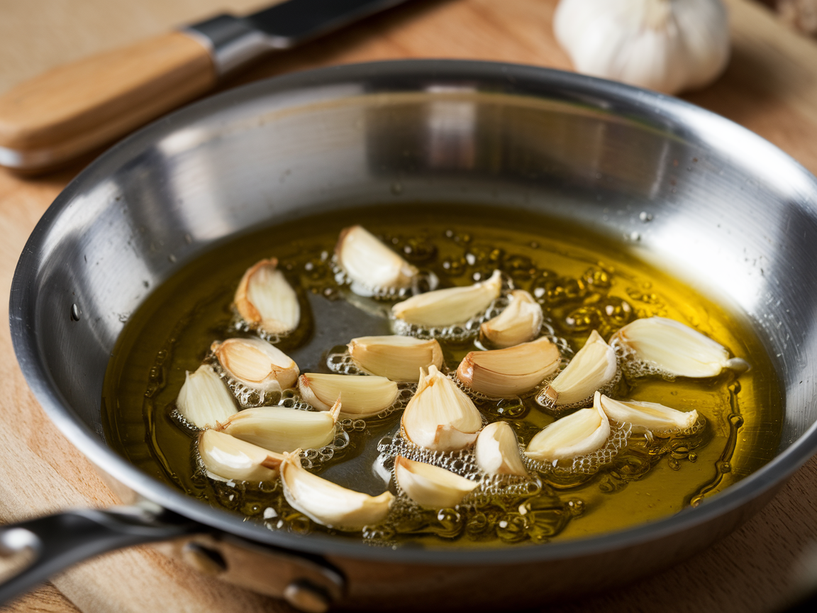 Garlic cloves being sautéed in olive oil in a stainless steel skillet
