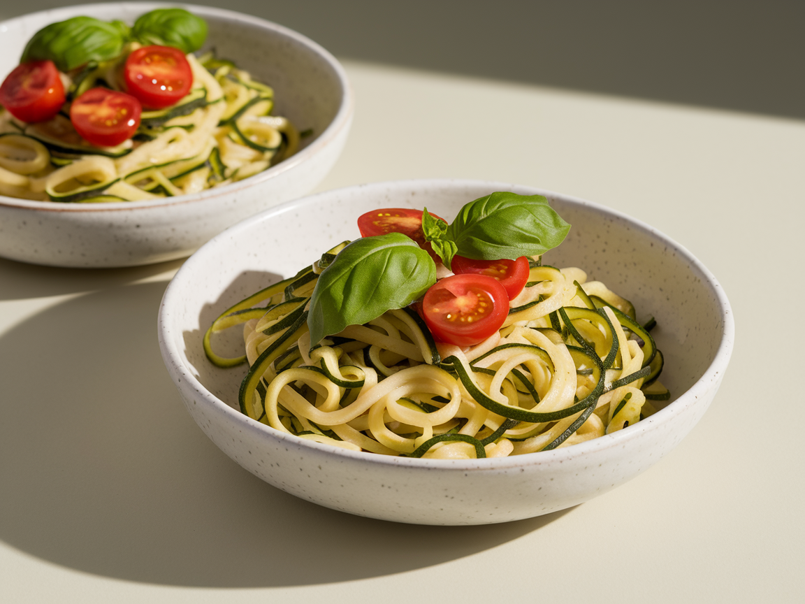 Two white bowls of zucchini noodle pasta with fresh basil garnish and cherry tomatoes visible