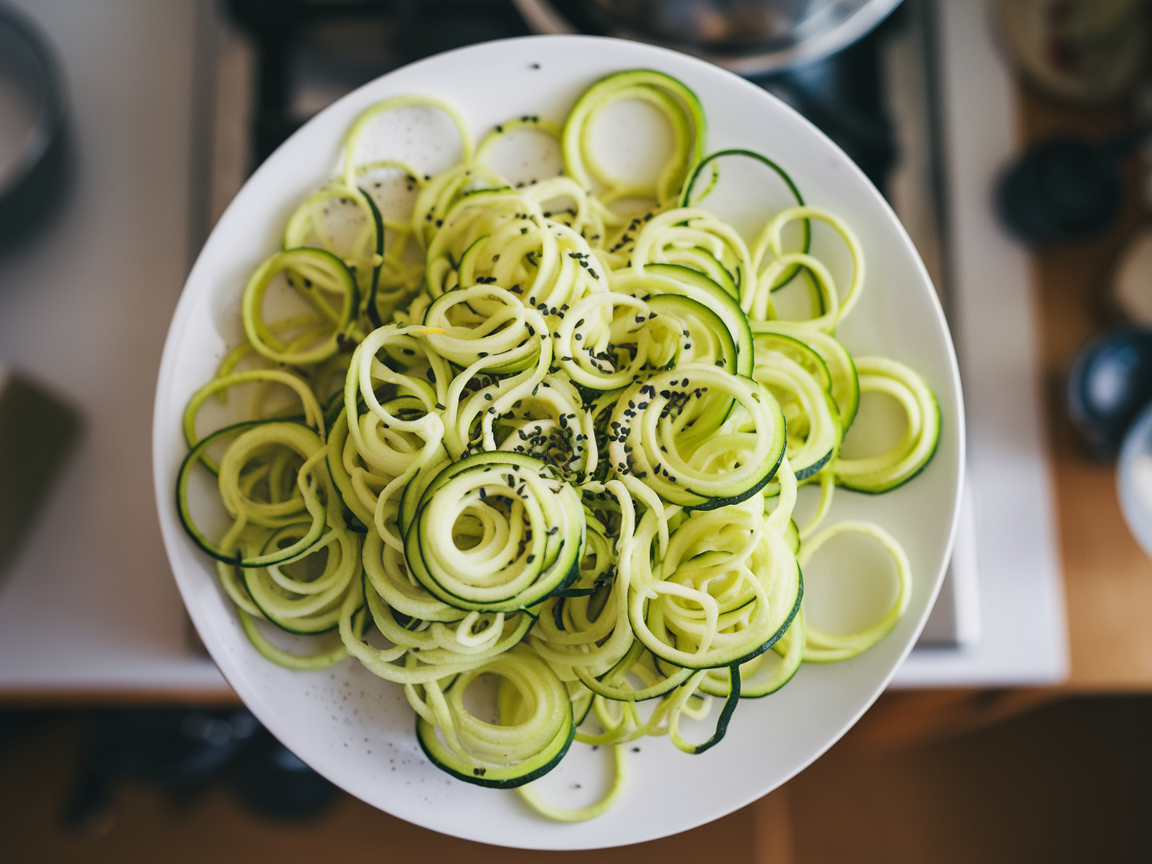 Overhead view of spiralized zucchini noodles before cooking, showing the bright green raw zoodles texture
