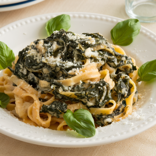Plated bowls of spinach and ricotta pasta garnished with fresh basil and grated Parmesan cheese