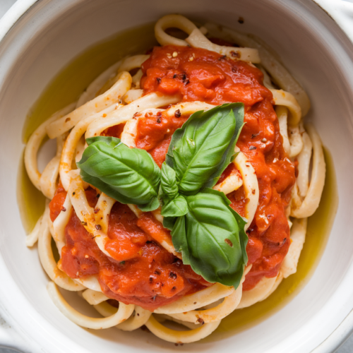 Plated tomato basil light pasta garnished with fresh basil and drizzle of olive oil on white ceramic dish