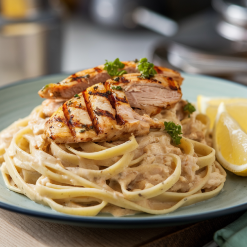 Finished grilled chicken light pasta plated and ready to serve with lemon wedges
