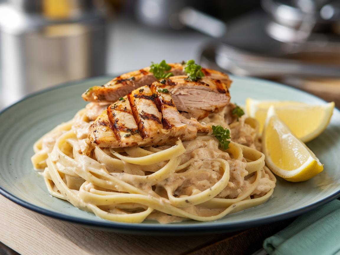Finished grilled chicken light pasta plated and ready to serve with lemon wedges