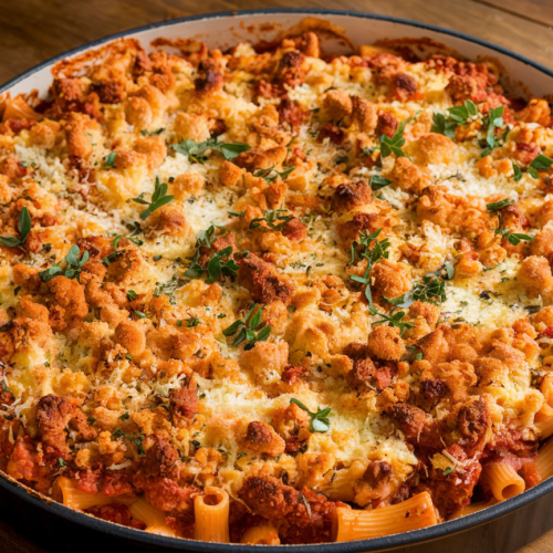 Classic baked ziti with bubbling melted cheese crust and herbs on top, fresh from the oven