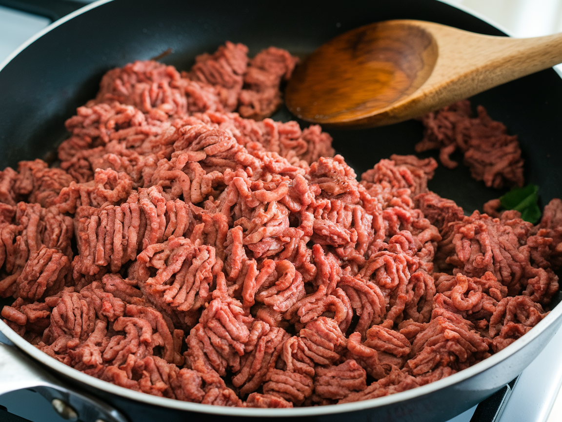 Ground beef browning in skillet with olive oil, showing proper color and texture for this easy baked ziti recipe