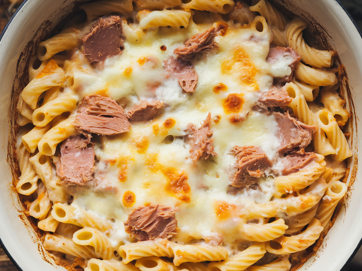 overhead shot of creamy tuna pasta bake in a white ceramic dish fresh from the oven with golden cheese topping