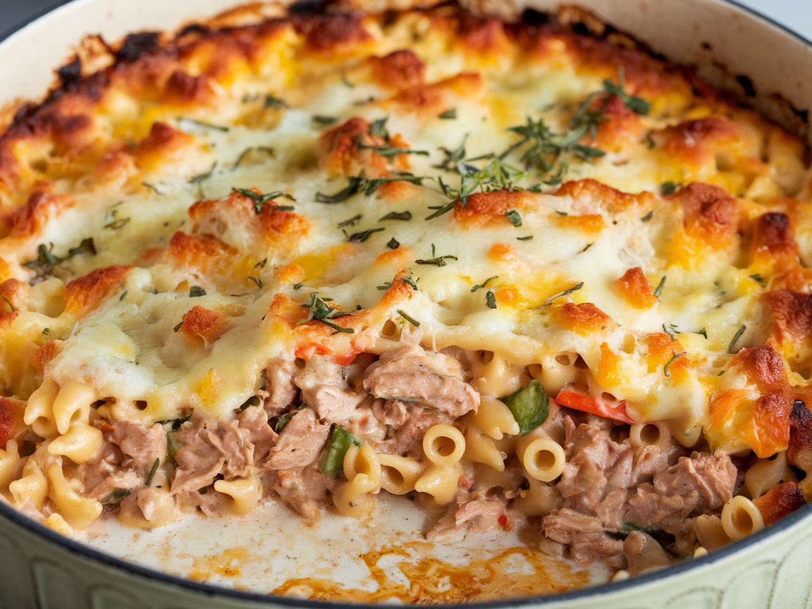 close-up of creamy tuna pasta bake showing the golden melted cheese topping and creamy sauce coating the pasta