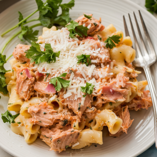 creamy tuna pasta bake served on a white plate with a fork, garnished with fresh parsley, ready to eat