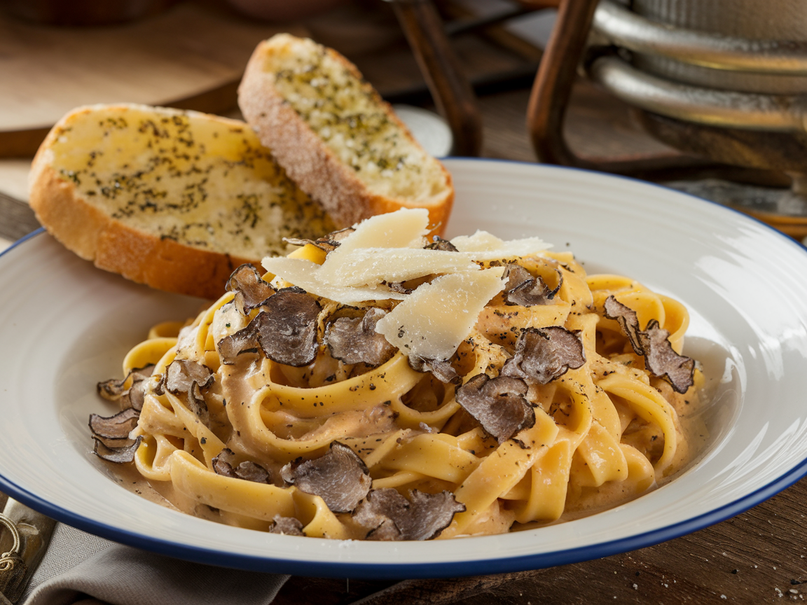 Luxurious truffle butter tagliatelle dish with shaved parmesan and truffle oil pasta garnish