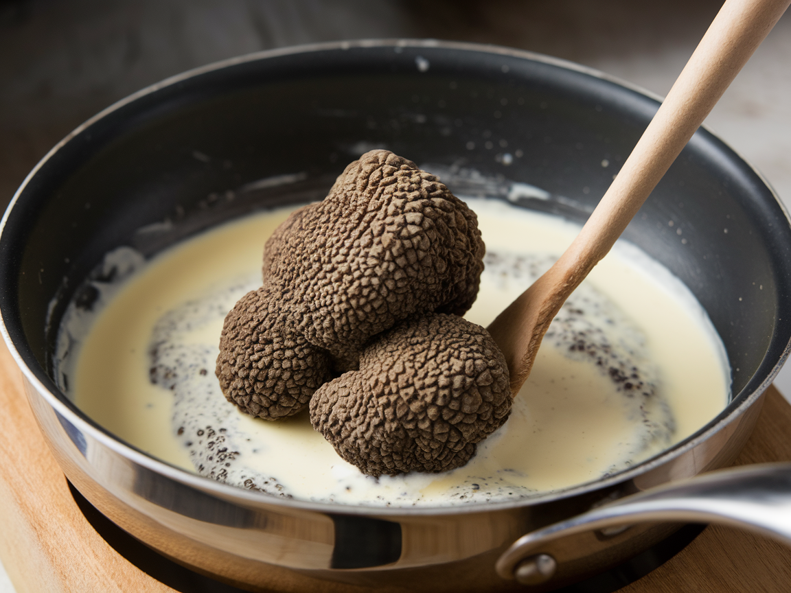Close-up of black truffle butter being melted into cream for truffle butter tagliatelle