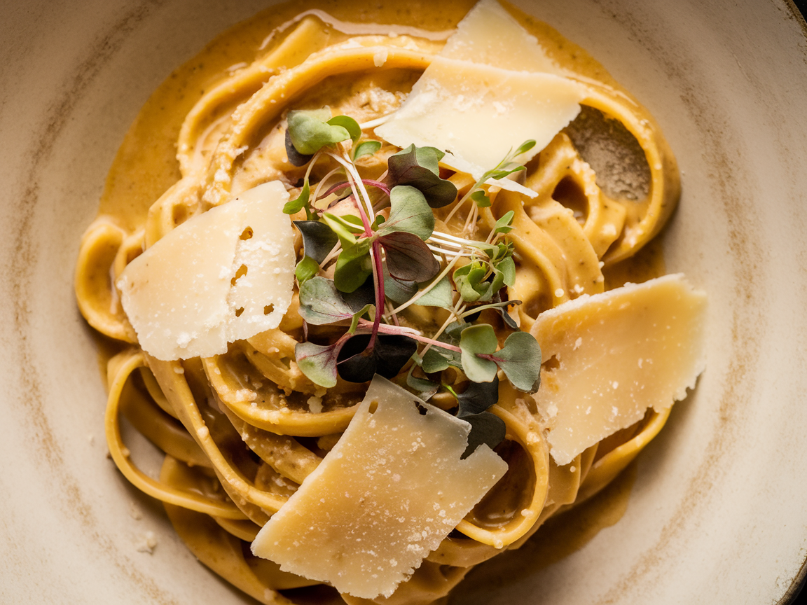 Overhead view of truffle butter tagliatelle plated with shaved parmesan and microgreens