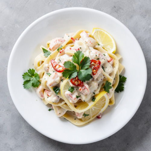 overhead view of Crab Pasta with Lemon & Chili served on white plate with fresh parsley garnish and lemon wedge