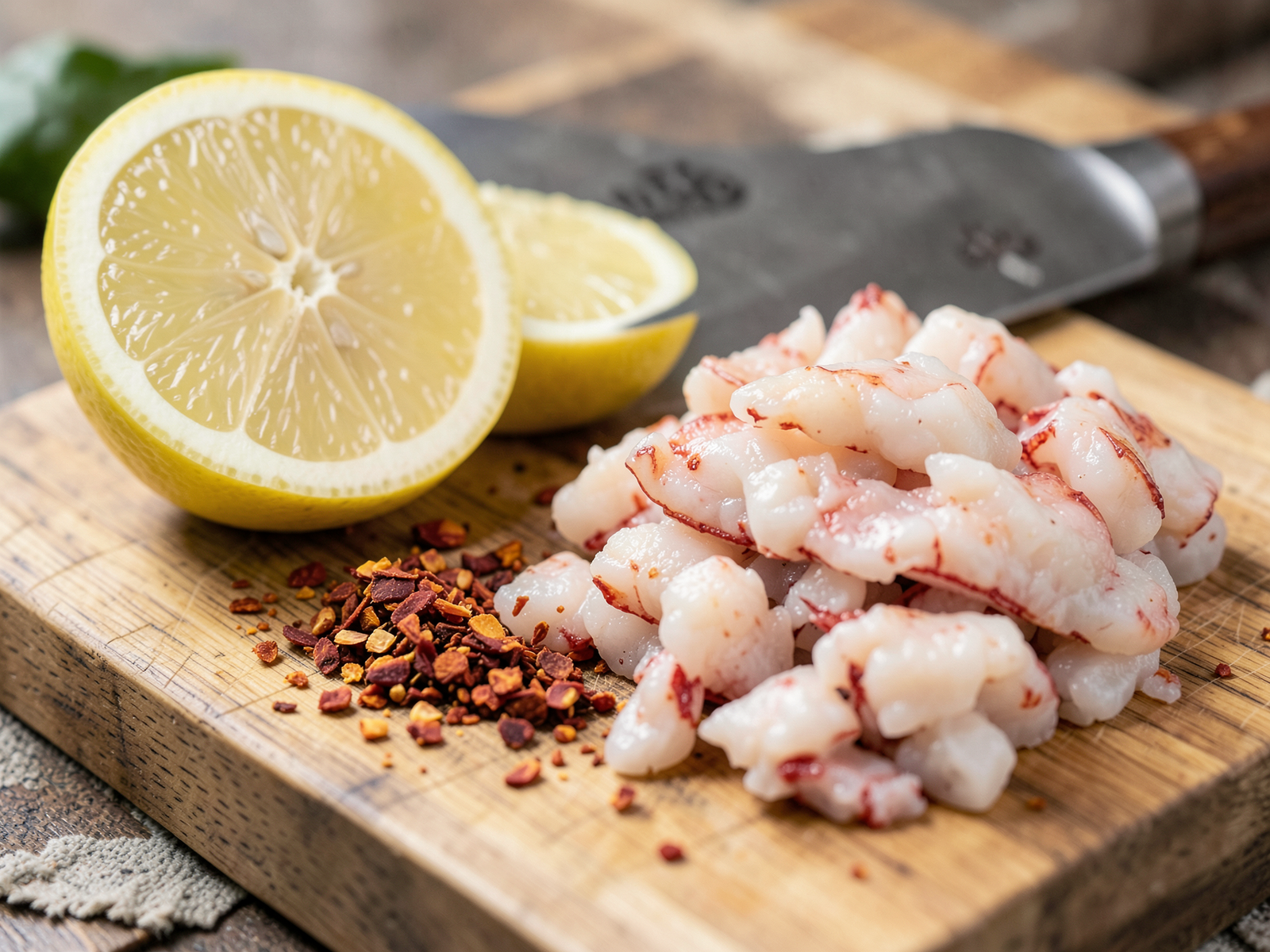 close-up of fresh lemon, red chili flakes, and fresh crab meat arranged on wooden cutting board with chef's knife