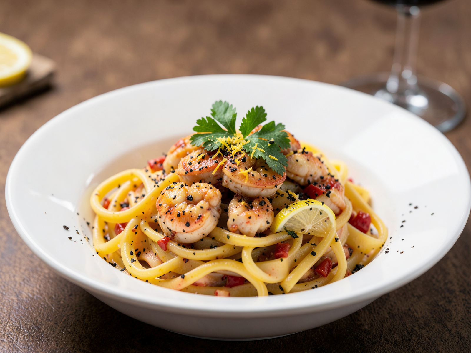 plated crab pasta with lemon and chili in white shallow bowl, garnished with fresh parsley, lemon zest, and cracked black pepper, with wine glass in background