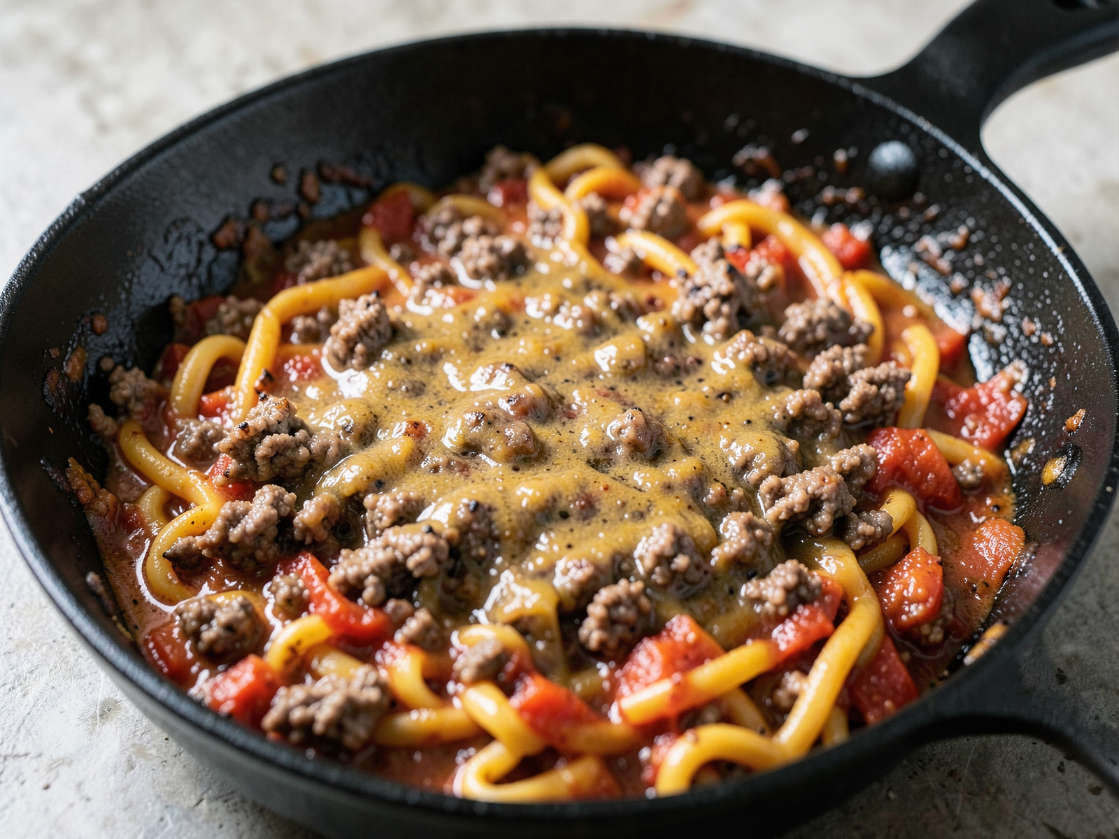 Ground beef browning in a skillet with caramelized edges for the best one pot creamy tomato beef pasta base