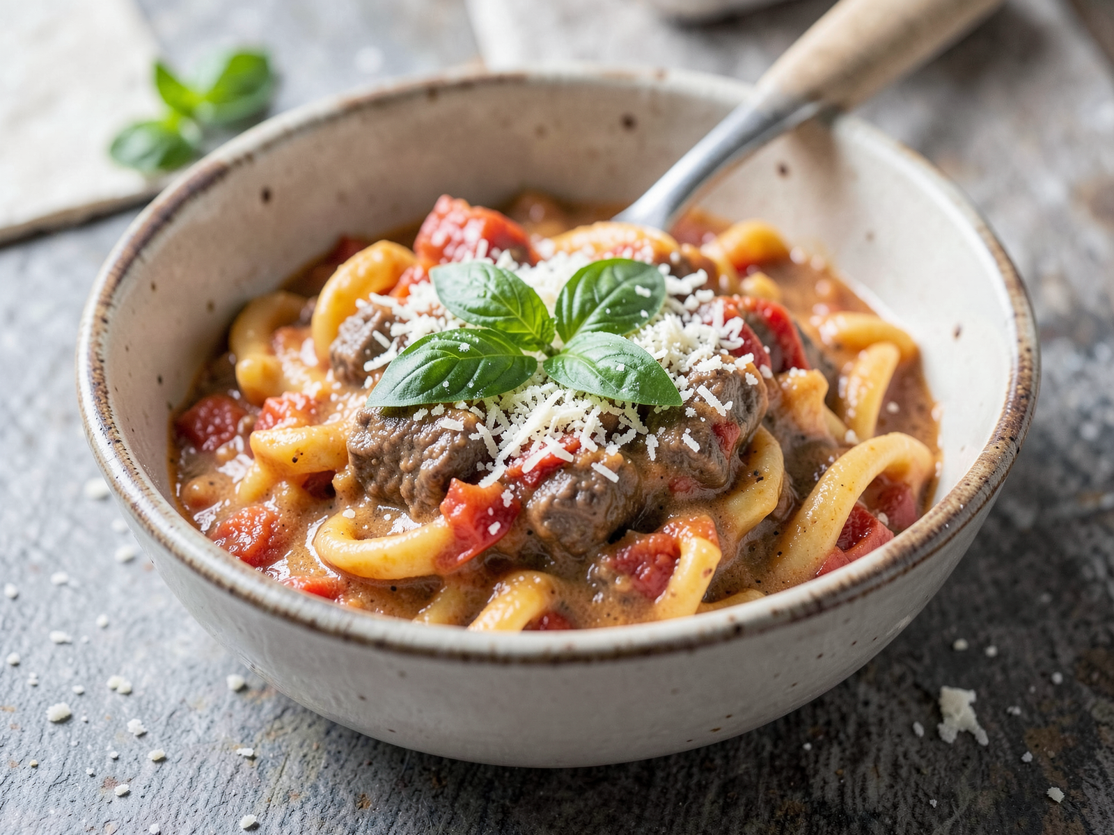 Finished one pot creamy tomato beef pasta in a rustic bowl with grated Parmesan and fresh basil on top