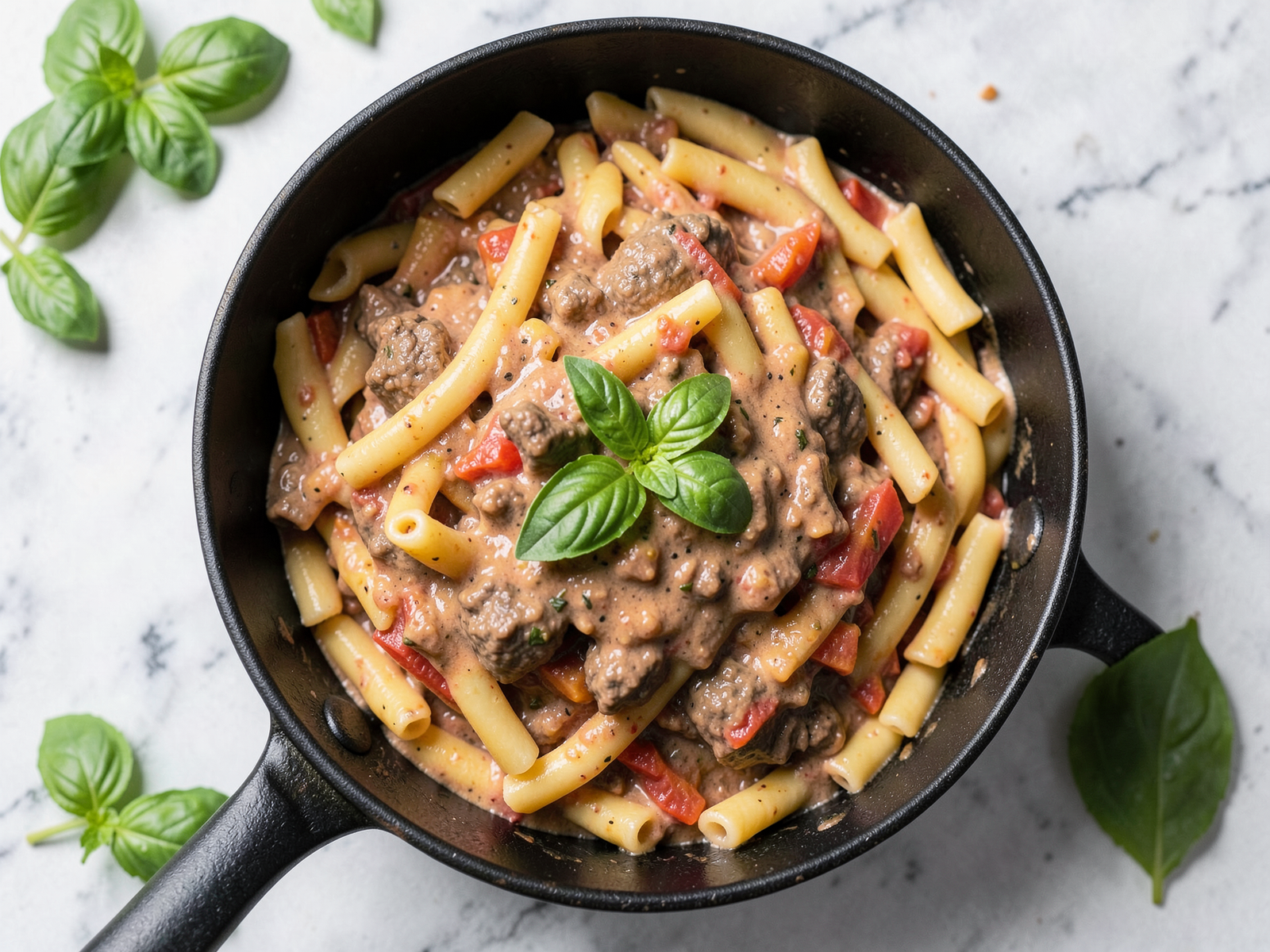 Overhead shot of one pot creamy tomato beef pasta with fresh basil, showing creamy sauce coating each piece of pasta
