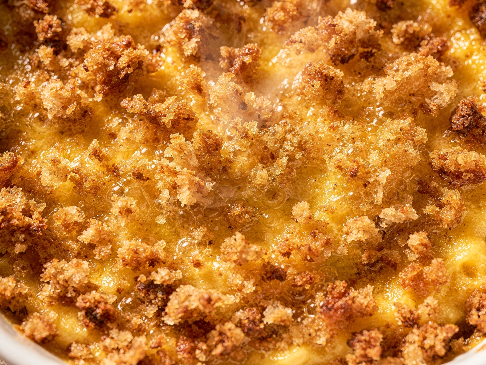 Close-up of golden and bubbly cheese topping with crispy breadcrumb layer