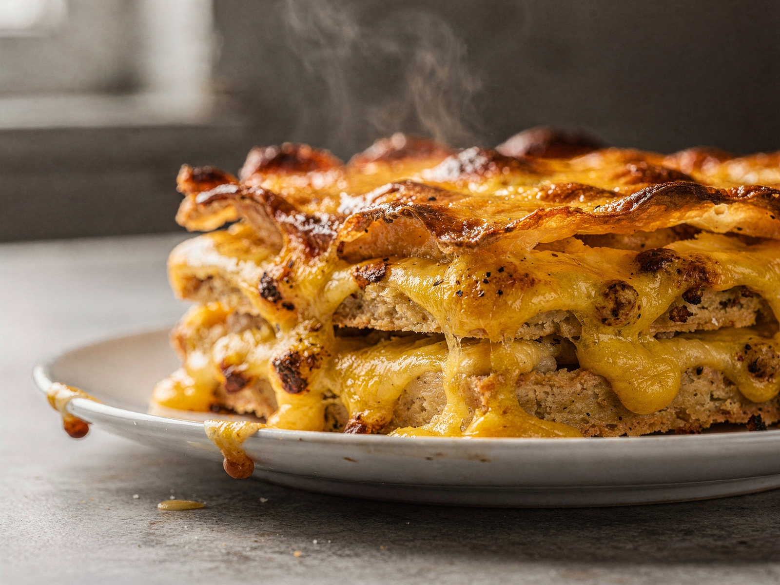 Side view of perfectly layered baked casserole showing golden crust and bubbly cheese melted throughout