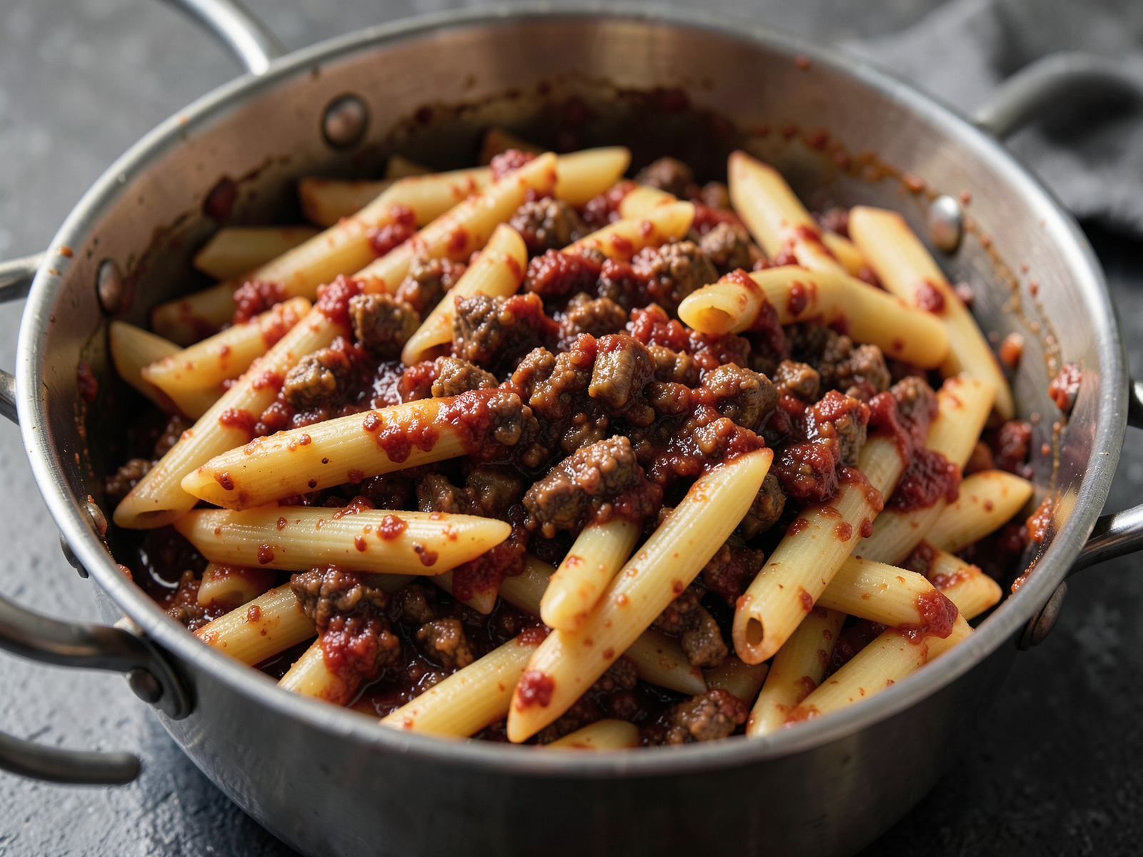 A rich, simmering penne pasta with meat sauce in a large pot, showing tender pasta tubes coated in deep red beef ragu sauce