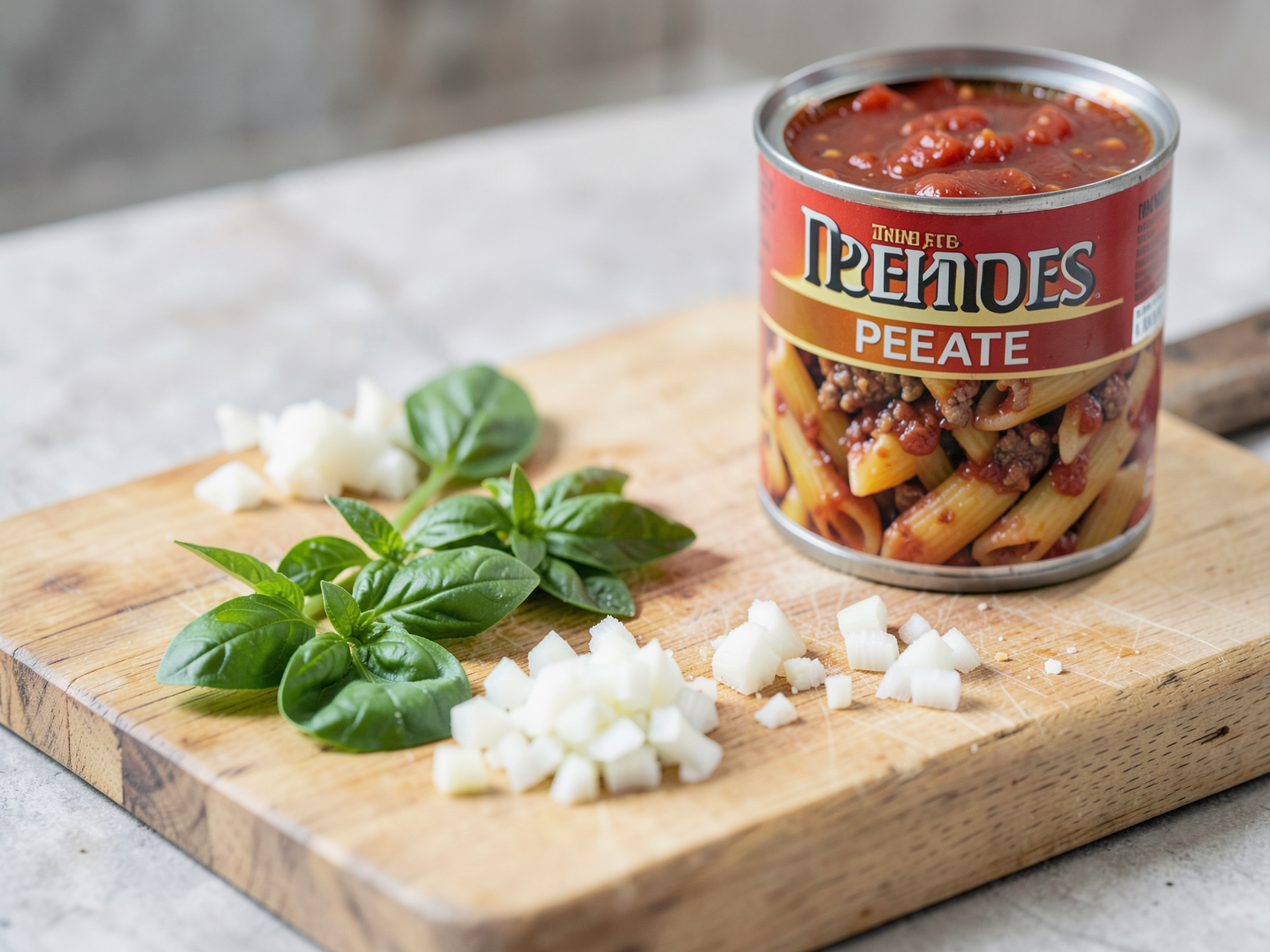 Chopped fresh basil, minced garlic, and diced onion arranged on a cutting board next to a can of crushed tomatoes for penne pasta with meat sauce preparation