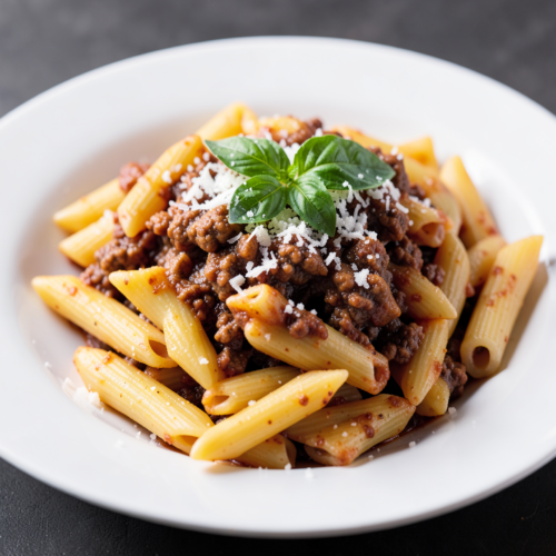 A full bowl of finished penne pasta with meat sauce, garnished with fresh basil and grated Parmesan cheese on a white plate