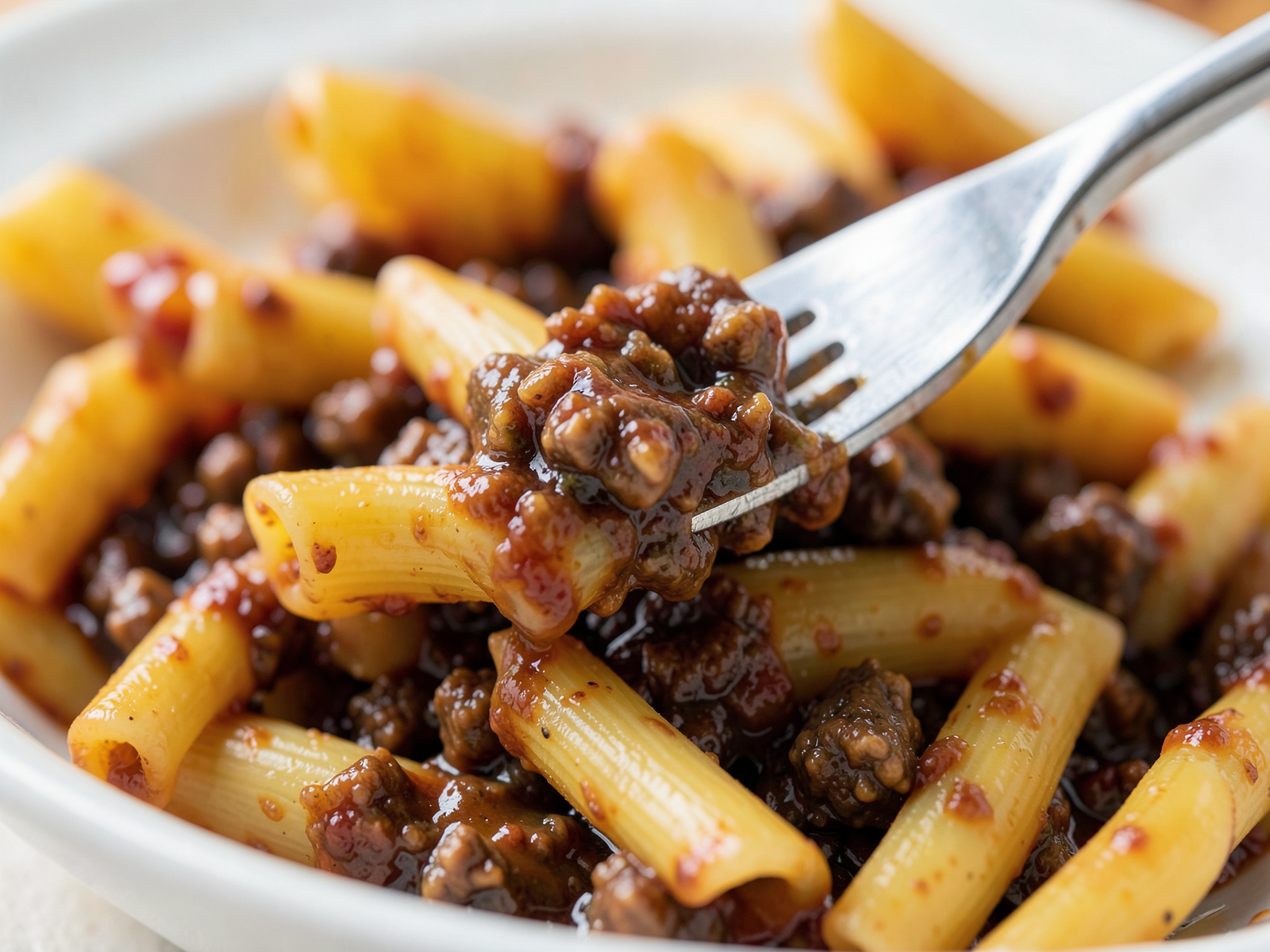 A close-up detail of a fork twirling penne pasta with meat sauce, showing the glossy beef ragu clinging beautifully to each tube of pasta