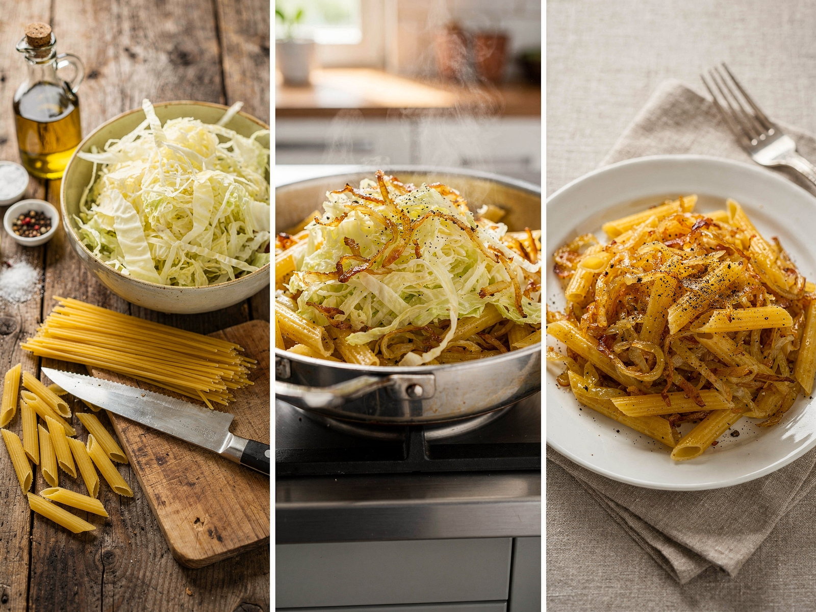 Makaróni káposztával in various stages of preparation showing raw cabbage, cooking process, and finished dish