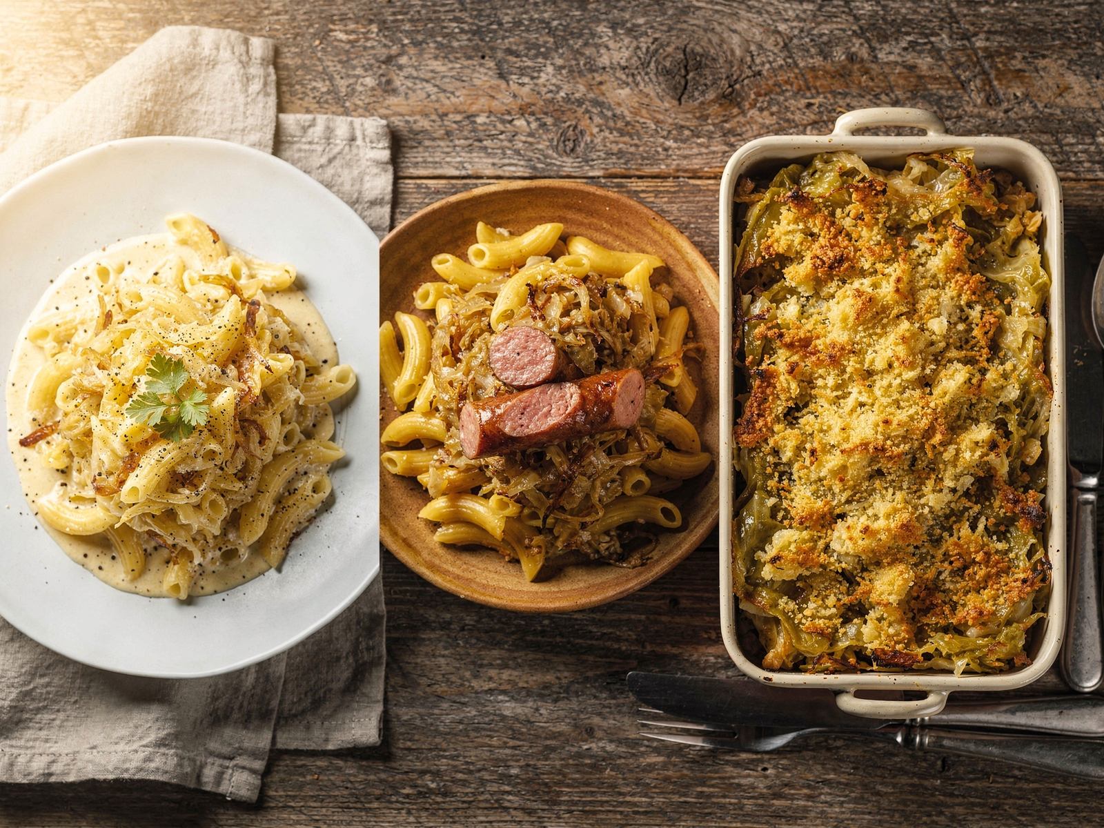 Three variations of makaróni káposztával displayed side by side showing creamy, sausage, and baked versions
