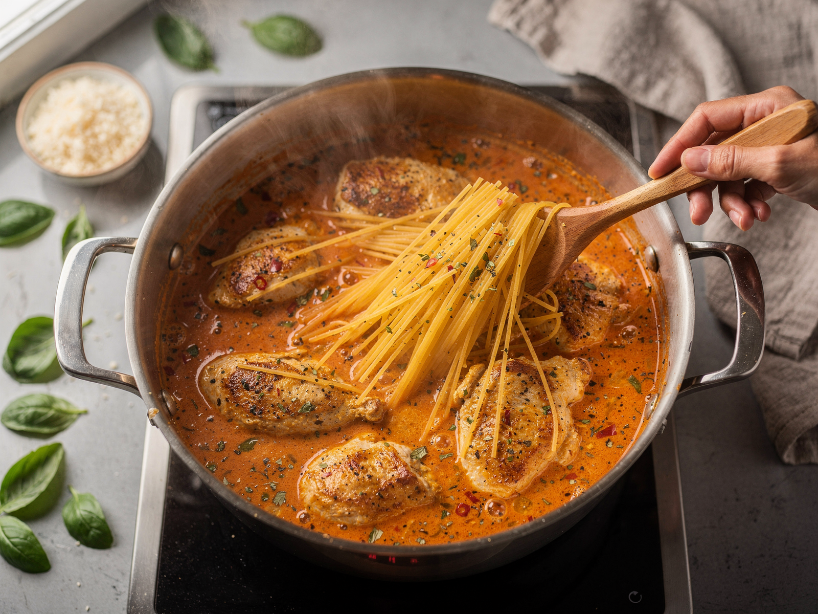 Uncooked pasta being stirred into a simmering pot with chicken and tomato sauce for the Marry Me chicken pasta one pot recipe