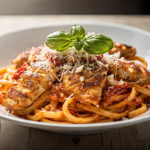 A beautiful serving of Marry Me chicken pasta: one pot recipe in a white bowl garnished with fresh basil and Parmesan cheese