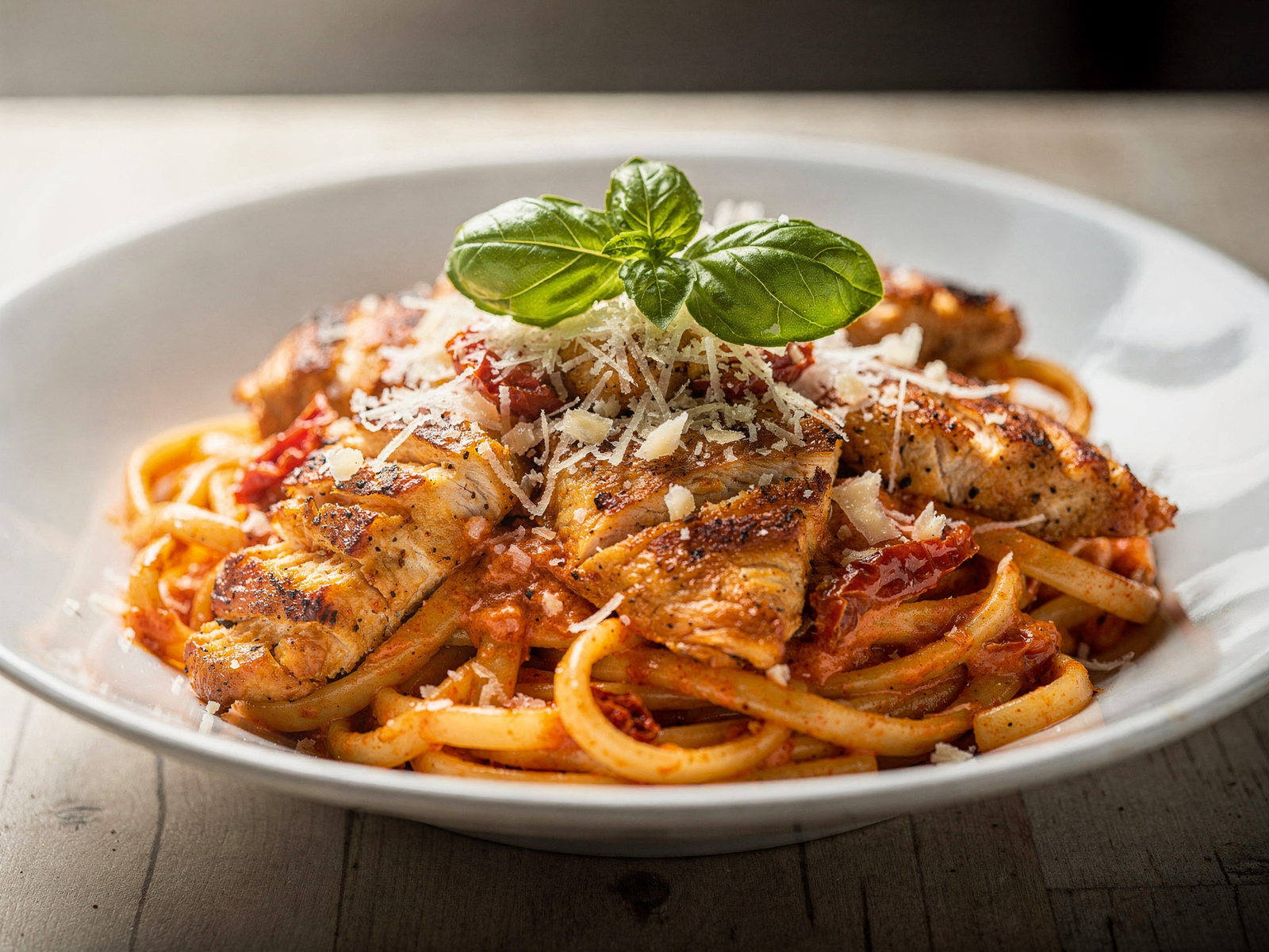 A beautiful serving of Marry Me chicken pasta one pot recipe in a white bowl garnished with fresh basil and Parmesan cheese