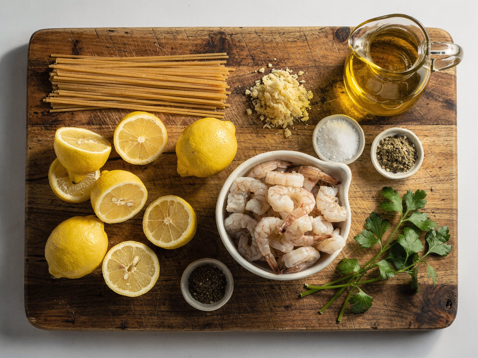 Whole Wheat Lemon Garlic Shrimp Linguine ingredients laid out on a wooden cutting board including fresh lemons, minced garlic, and peeled shrimp