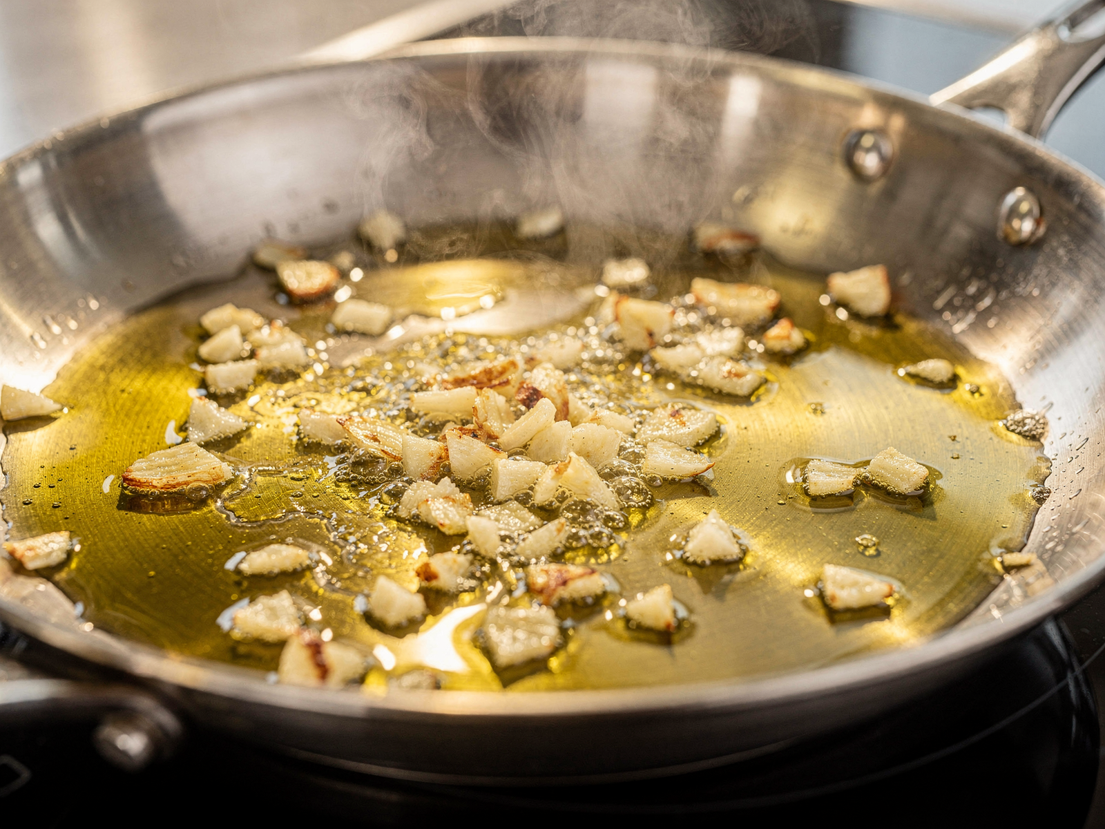 A large stainless steel skillet with shimmering olive oil and freshly minced garlic being toasted on a stovetop