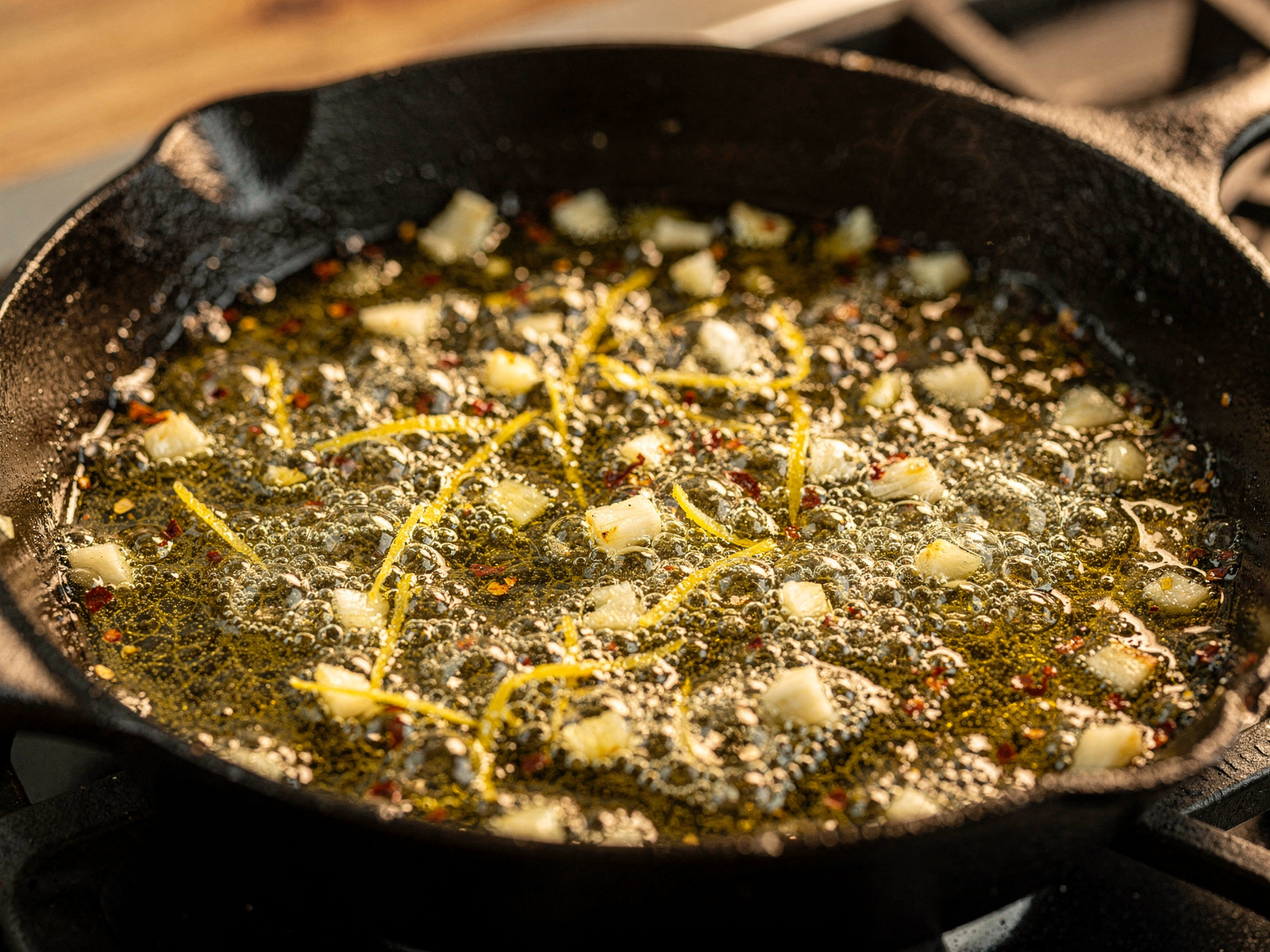 A close-up of a bubbling lemon garlic sauce in a skillet with visible lemon zest and red pepper flakes