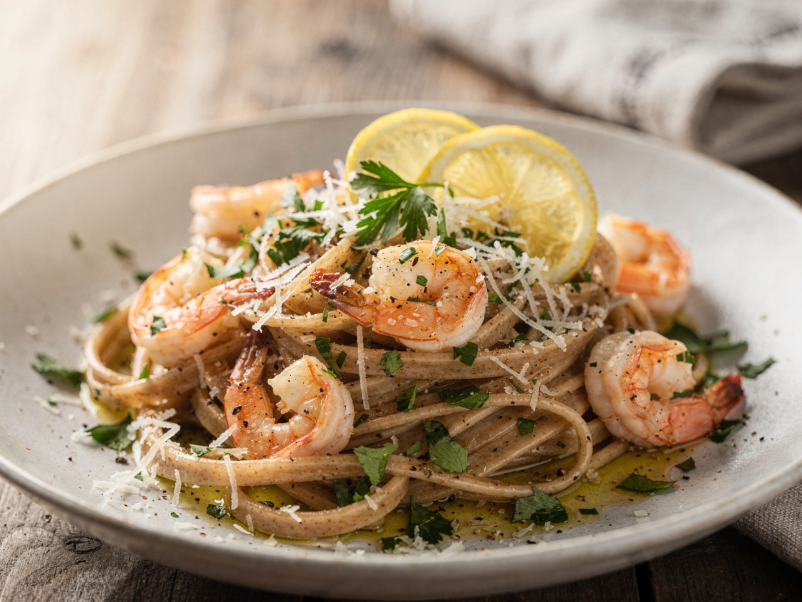 A finished plate of Whole Wheat Lemon Garlic Shrimp Linguine garnished with fresh parsley and Parmesan cheese
