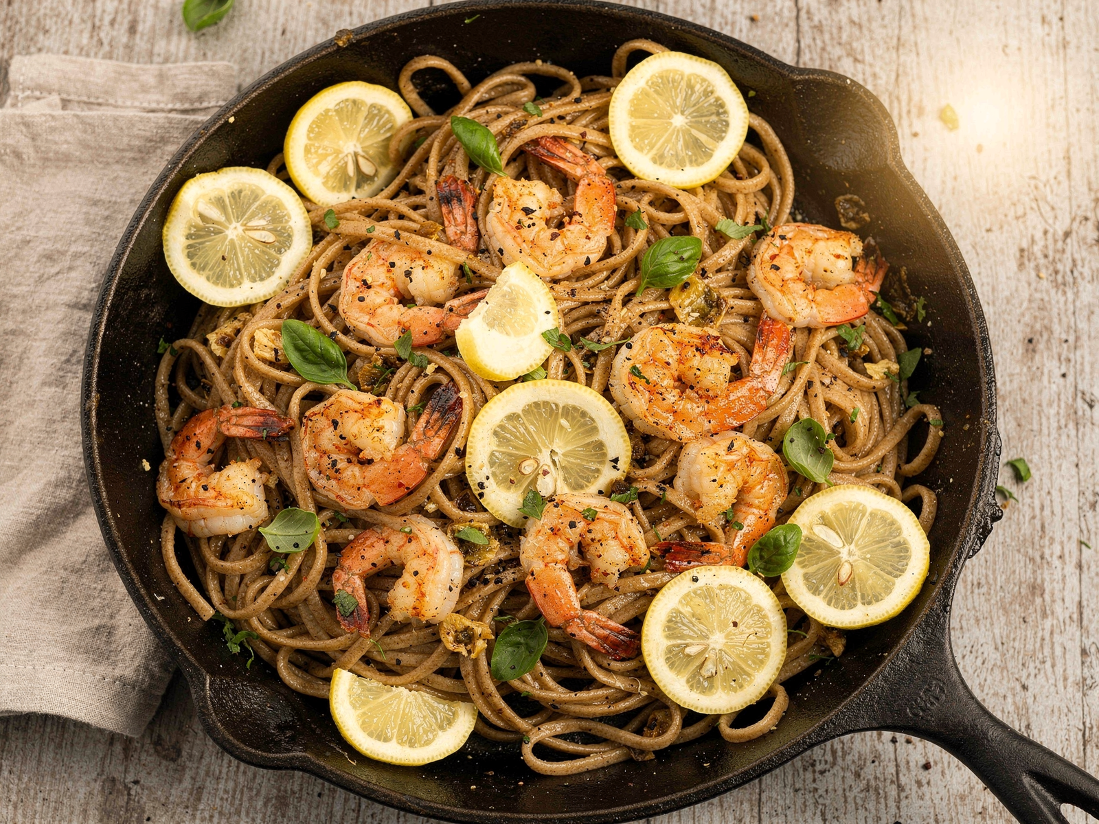 A top-down view of Whole Wheat Lemon Garlic Shrimp Linguine in a large skillet with fresh lemon slices and basil leaves for garnish