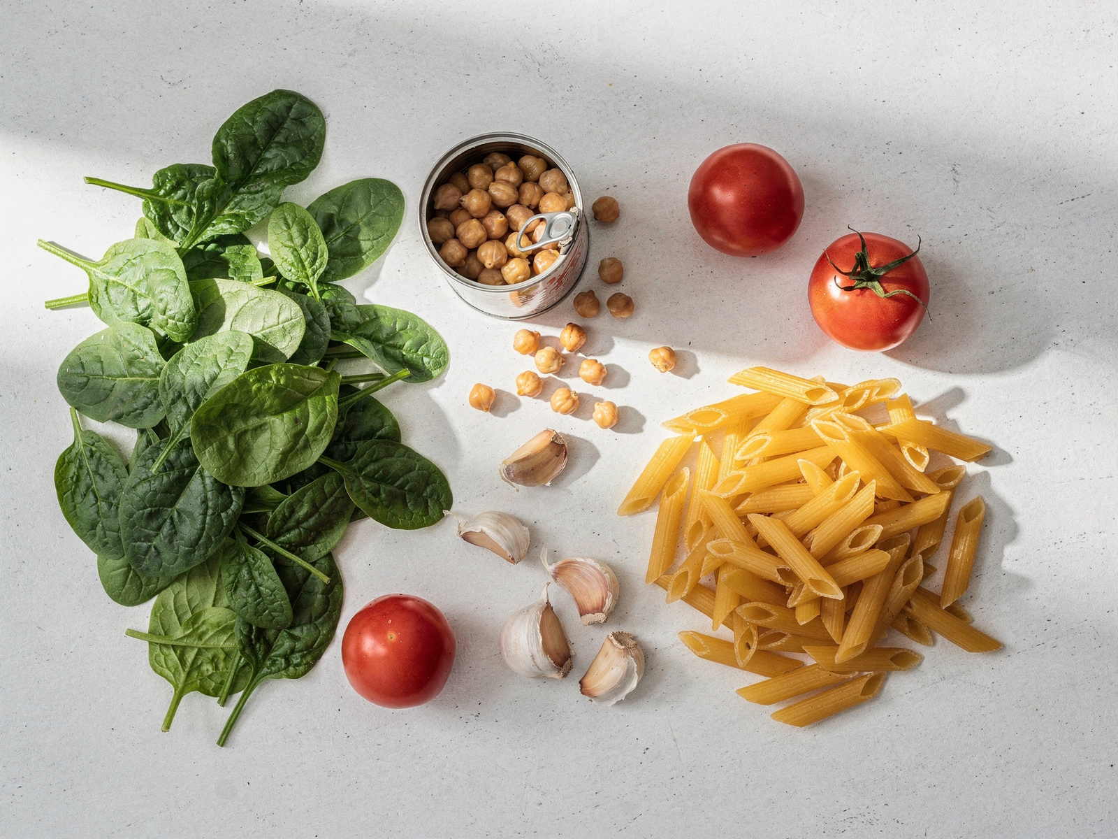 Overhead view of Mediterranean chickpea spinach penne ingredients laid out on a white countertop, including fresh spinach, canned chickpeas, garlic, tomatoes, and penne pasta