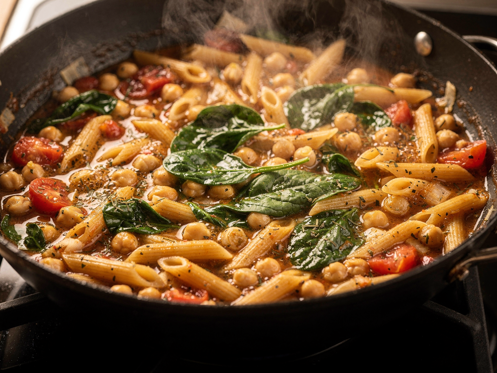 Mediterranean chickpea spinach penne sauce simmering in a skillet, showing combined tomatoes, chickpeas, and liquid at medium-low heat