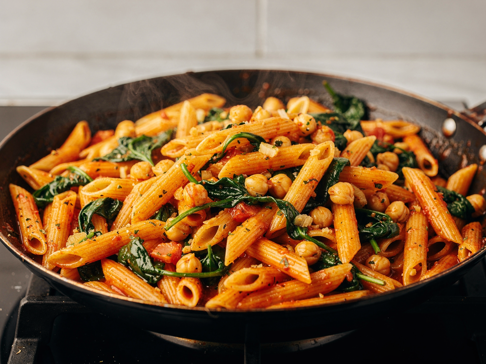 Finished Mediterranean chickpea spinach penne being tossed in a skillet, showing evenly coated pasta with sauce and wilted spinach