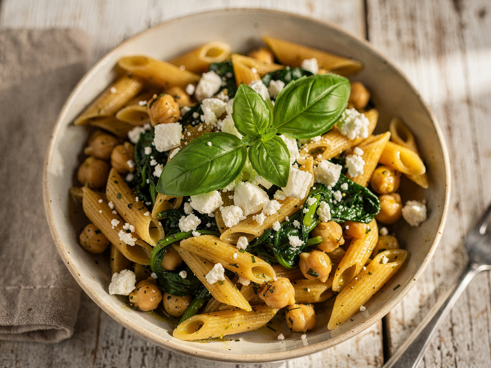 Individual bowl of plated Mediterranean chickpea spinach penne topped with crumbled feta cheese and fresh basil leaves
