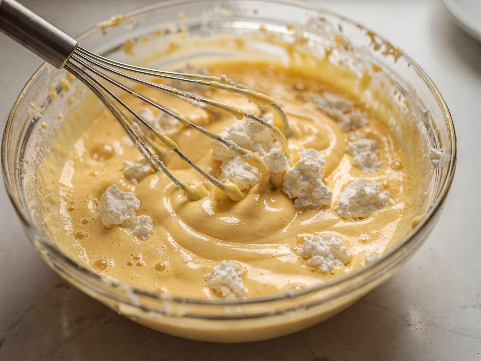 Close-up of creamy custard mixture for Easy Baked Sweet Noodle Puddings with eggs, sour cream, and cottage cheese being whisked together