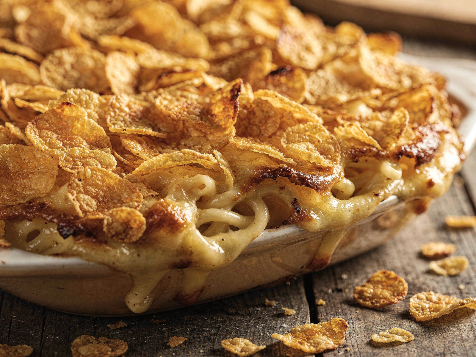 Finished Easy Baked Sweet Noodle Puddings with golden cornflake topping, showing the bubbling edges and perfect bake