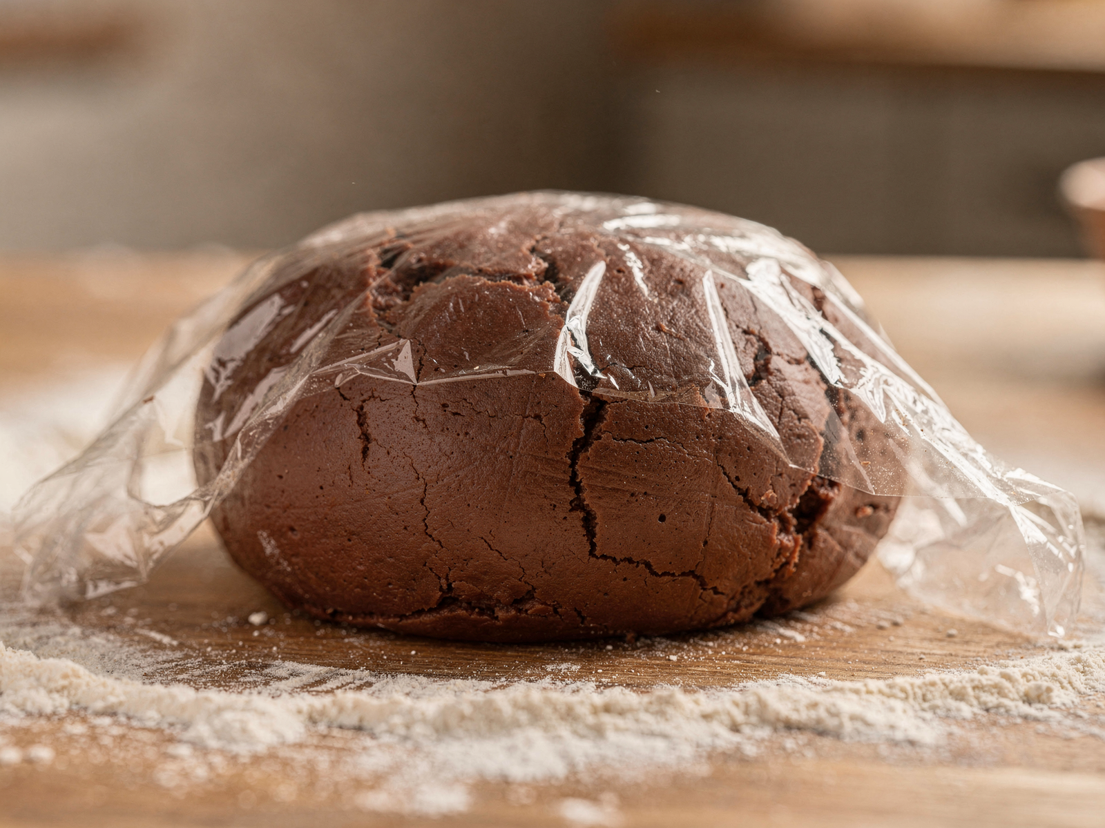 Smooth ball of chocolate pasta dough resting under plastic wrap before rolling