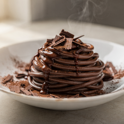 Perfectly cooked Cocoa & chocolate pasta with smooth chocolate noodles in a white pasta bowl