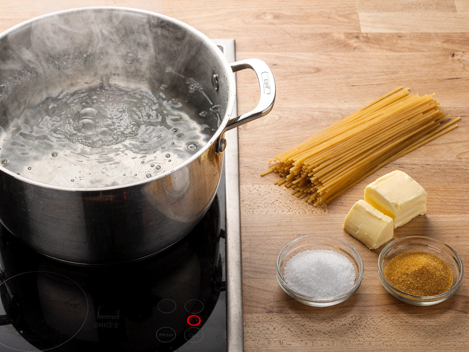 large pot of boiling salted water for cooking pasta with 4 simple ingredients for the best quick buttery sweet pasta