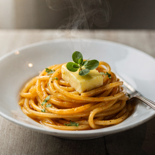 finished bowl of 4 simple ingredients for the best quick buttery sweet pasta served warm with garnish
